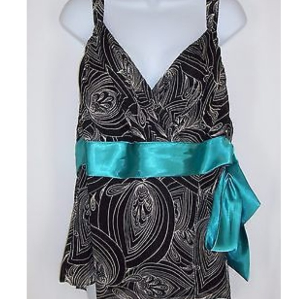 Black printed top w/ teal satin tie